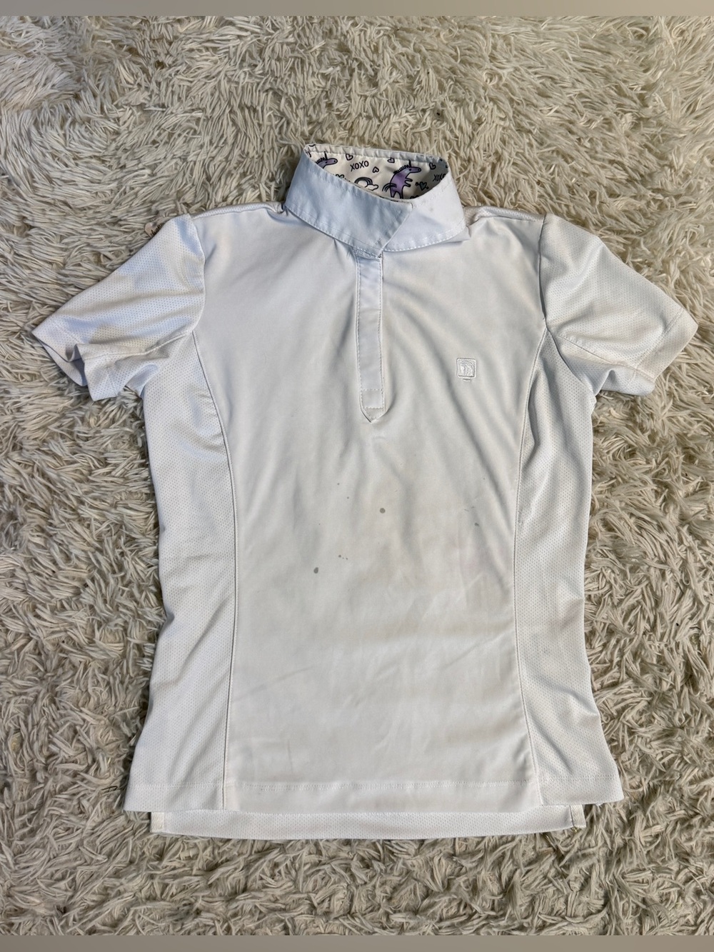 Child’s Medium White Romfh Short Sleeve Horseback Riding Show Shirt. Staining.
